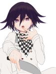  1boy bangs black_hair buttons checkered checkered_scarf commentary_request danganronpa_(series) danganronpa_v3:_killing_harmony double-breasted hair_between_eyes highres holding jacket knife long_sleeves looking_at_viewer mado_hara male_focus open_mouth ouma_kokichi purple_eyes purple_hair scarf simple_background solo straitjacket upper_body upper_teeth white_background white_jacket 