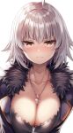 ahoge bangs breasts breasts_day cleavage coat dress fate/apocrypha fate/grand_order fate_(series) fur_collar fur_trim jeanne_d&#039;arc_(alter)_(fate) jeanne_d&#039;arc_(fate)_(all) jewelry large_breasts nano_(syoutamho) necklace open_clothes open_coat plunging_neckline short_hair silver_hair tsurime white_background wicked_dragon_witch_ver._shinjuku_1999 yellow_eyes 