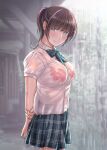  1girl arms_behind_back bangs blurry blurry_background bow bra breasts brown_hair green_eyes large_breasts looking_at_viewer original pink_bra pleated_skirt profile rain ryunnu school_uniform see-through shirt short_hair short_ponytail skirt smile solo underwear wet wet_clothes white_shirt 
