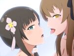  2girls assault_lily blue_background blush breasts brown_hair cleavage depa_mi flower green_eyes hair_flower hair_ornament hair_ribbon heterochromia kiss kuo_shenlin large_breasts long_hair looking_at_viewer multiple_girls ribbon saliva saliva_trail simple_background tongue tongue_out upper_body wang_yujia yuri 