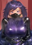  1girl ayame_(gundam_build_divers) black_hair breasts gloves gundam gundam_build_divers hair_ornament highres kirie_kairi large_breasts latex long_hair looking_at_viewer mask mouth_mask ninja_mask purple_eyes solo 