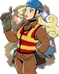  1girl bangs blonde_hair blue_eyes blue_headwear brown_gloves brown_jacket brown_pants eyelashes gloves hand_on_hip hand_up helmet holding index_finger_raised jacket kokesa_kerokero long_hair long_sleeves npc_trainer open_mouth pants pokemon pokemon_(game) pokemon_swsh ponytail safety_vest solo tongue upper_teeth worker_(pokemon) 