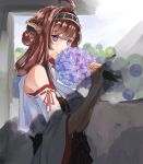  1girl ahoge brown_hair commentary_request cowboy_shot detached_sleeves double_bun hairband headgear highres japanese_clothes kantai_collection kongou_(kancolle) long_hair panda_(heart_sink) popped_collar purple_eyes remodel_(kantai_collection) ribbon-trimmed_sleeves ribbon_trim smelling solo 
