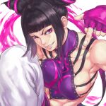  1girl abs arm_up armpits baggy_pants bangs blunt_bangs breasts chinese_clothes covered_nipples drill_hair dudou ears energy fingerless_gloves fingernails gloves grin hair_ornament halter_top halterneck han_juri knee_up large_breasts leg_up lips looking_at_viewer middle_finger muscular muscular_female o-ring o-ring_top pants parted_lips pink_gloves purple_eyes purple_pupils shiny shiny_hair short_hair shu-mai sideboob sidelocks simple_background smile solo street_fighter street_fighter_iv_(series) teeth texture tsurime twin_drills unaligned_breasts white_background 