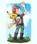  1boy arm_up bangs blush_stickers brown_hair closed_eyes cloud day from_behind gen_1_pokemon green_pants grey_shirt grin highres holding holding_poke_ball kokesa_kerokero leaves_in_wind male_focus pants pikachu poke_ball poke_ball_(basic) pokemon pokemon_(creature) pokemon_(game) pokemon_lgpe pokemon_on_arm shirt shoes short_hair short_sleeves sky smile standing teeth trace_(pokemon) w 