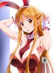  1girl :o absurdres animal_ears asuna_(sao) bare_shoulders between_breasts breasts bunny_ears cleavage commentary_request dated detached_collar fake_animal_ears fingernails hands_up highres island_(kossori) large_breasts long_hair necktie necktie_between_breasts orange_eyes orange_hair playboy_bunny red_neckwear solo sword_art_online upper_body 