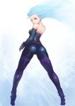  1girl ass bare_shoulders blue_hair boots breasts closed_mouth floating_hair from_behind highres johan_(johan13) kula_diamond long_hair looking_at_viewer looking_back purple_footwear red_eyes small_breasts solo the_king_of_fighters thigh_boots thighhighs tiptoes 