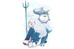  aliasing amashiro_natsuki blue_eyes gawr_gura gray_hair hololive hoodie long_hair tail twintails weapon white 