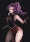  1girl bare_shoulders black_background cowboy_shot gun hair_intakes handgun highres holding holding_gun holding_weapon johan_(johan13) legs_apart long_hair mei_ling_(saga) parted_lips pelvic_curtain ponytail purple_eyes purple_hair red_skirt saga saga_frontier side_slit simple_background skirt sleeveless solo thighs weapon 