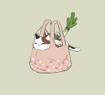  animal_focus avogado6 bag cat closed_eyes commentary highres in_bag in_container no_humans original pink_bag simple_background spring_onion yellow_background 