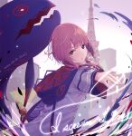  1girl amage_kanade braid character_name cityscape fish food highres hood hood_down hooded_jacket ice_cream ice_cream_cone jacket kaf_(kamitsubaki_studio) kamitsubaki_studio looking_at_viewer looking_back low_twin_braids multicolored multicolored_eyes pink_hair short_hair tokyo_tower tower twin_braids virtual_youtuber yellow_pupils 