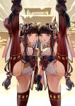  2girls armpits ass bangs black_gloves black_hair breasts eyeliner gloves hair_ornament highres hinoa leotard long_hair looking_at_viewer makeup minoto mizukiyan monster_hunter_(series) monster_hunter_rise multiple_girls open_mouth pointy_ears red_legwear siblings sisters split standing standing_on_one_leg standing_split thighhighs twins yellow_eyes 