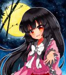  1girl arm_up bamboo bangs black_hair blouse blue_background blue_sky bow collar eyebrows_visible_through_hair frills full_moon hand_up houraisan_kaguya long_hair long_sleeves looking_at_viewer moon night night_sky no_hat no_headwear open_mouth pink_blouse pink_sleeves qqqrinkappp red_eyes red_skirt shikishi skirt sky smile solo touhou traditional_media white_bow white_collar white_neckwear yellow_moon 