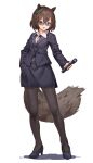  1girl absurdres animal_ears black_footwear black_jacket black_legwear black_skirt brown_hair business_suit formal full_body futatsuiwa_mamizou glasses hand_in_pocket high_heels highres holding jacket leaf leaf_on_head looking_at_viewer pantyhose raccoon_ears raccoon_tail shirt short_hair simple_background skirt solo standing striped suit sunglasses tail touhou white_background white_shirt yanyan_(shinken_gomi) 