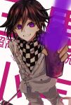  1boy bangs black_hair buttons checkered checkered_scarf commentary_request danganronpa_(series) danganronpa_v3:_killing_harmony dated double-breasted feet_out_of_frame grey_jacket grin hair_between_eyes highres jacket long_sleeves looking_at_viewer male_focus ouma_kokichi pants purple_eyes purple_hair scarf short_hair smile spray_can standing straitjacket teeth torn_clothes totata white_background 