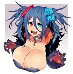  1girl black_hair blue_eyes breasts camui_kamui cleavage collar dizu_(camui_kamui) facial_mark gloves hair_ornament hair_scrunchie hairclip heterochromia highres huge_breasts open_mouth original red_eyes scrunchie solo teeth twintails upper_body 
