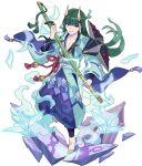  1boy aqua_kimono architecture armor artist_request bangs barefoot blue_legwear blue_pants collarbone east_asian_architecture eyebrows_visible_through_hair eyeshadow feet full_body green_eyeshadow green_hair hakama_pants hand_up happy highres holding holding_sword holding_weapon horns japanese_clothes katana kimono leg_up long_hair long_sleeves looking_at_viewer makeup male_focus murakumo_(world_flipper) non-web_source obi official_art oni oni_horns open_clothes open_kimono open_mouth origami pants paper_crane purple_eyes ribbon-trimmed_sleeves ribbon_trim sash sheath sheathed shoulder_armor sidelocks skin-covered_horns smile smoke solo standing standing_on_one_leg sword tassel transparent transparent_background weapon wide_sleeves world_flipper 