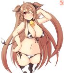  1girl alternate_costume animal_ears animal_print artist_logo bell bikini breasts commentary_request covered_nipples cow_ears cow_horns cow_print cow_tail cowbell cowboy_shot dated ear_tag fake_animal_ears fake_horns front-tie_top gradient_hair heterochromia highres horns kanon_(kurogane_knights) kantai_collection large_breasts light_brown_hair long_hair lowleg lowleg_bikini multicolored_hair murasame_(kancolle) one-hour_drawing_challenge one_eye_closed red_eyes remodel_(kantai_collection) side-tie_bikini simple_background solo swimsuit tail thighhighs two_side_up white_background white_bikini white_legwear 