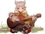  1girl absurdres animal_ear_fluff animal_ears bangs blunt_bangs bodysuit cat_ears cat_girl commentary_request eyebrows_visible_through_hair gloves grey_hair guitar highres holding holding_instrument indian_style instrument nia_(xenoblade) short_hair sitting smile solo tarbo_(exxxpiation) white_background white_gloves xenoblade_chronicles_(series) xenoblade_chronicles_2 yellow_bodysuit yellow_eyes 