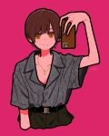  1girl absurdres bangs belt brown_eyes collared_shirt cropped_torso english_commentary grey_shirt hand_up highres holding holding_phone looking_at_viewer original phone pink_background print_shirt shadow shirt shirt_tucked_in short_sleeves signature simple_background solo tomboy yoshi_mi_yoshi 