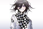  1boy bangs black_hair blush buttons checkered checkered_neckwear checkered_scarf commentary_request danganronpa_(series) danganronpa_v3:_killing_harmony grey_background grey_jacket grin hair_between_eyes hambagseu jacket looking_at_viewer male_focus medium_hair ouma_kokichi purple_eyes scarf smile solo straitjacket upper_body 