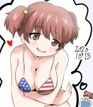  1girl alisa_(girls_und_panzer) american_flag_bikini armorganger bangs bikini blush breasts brown_eyes brown_hair cleavage commentary_request crossed_arms dated dreaming eyebrows_visible_through_hair flag_print freckles girls_und_panzer hair_ornament half-closed_eyes head_tilt heart highres korean_commentary leaning_forward looking_at_viewer medium_breasts open_mouth partial_commentary short_hair short_twintails sleeping smile solo standing star_(symbol) star_hair_ornament swimsuit thought_bubble twintails 