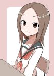  1girl absurdres brown_eyes brown_hair closed_mouth commentary_request desk highres inaba_mifumi karakai_jouzu_no_takagi-san light_blush long_hair long_sleeves looking_at_viewer neckerchief on_chair pink_background red_neckwear sailor_collar school_uniform serafuku shirt simple_background sitting smile solo takagi-san two-tone_background upper_body white_background white_shirt 