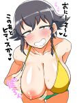  1girl bikini black_hair blush breasts brown_eyes cowboy_shot girls_und_panzer grin highres large_breasts leaning_forward naughty_face nipples noumiso one_breast_out pepperoni_(girls_und_panzer) smile solo swimsuit translated 