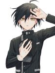  1boy ahoge bangs black_hair black_headwear black_jacket brown_eyes commentary_request danganronpa_(series) danganronpa_v3:_killing_harmony hair_between_eyes hand_up highres jacket long_sleeves looking_at_viewer mado_hara male_focus open_mouth saihara_shuuichi shirt short_hair simple_background solo upper_body white_background 