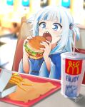  1girl absurdres artist_name bangs blue_eyes blue_hair blue_nails blunt_bangs blurry blurry_background burger commentary cup disposable_cup drinking_straw dudul eating english_commentary english_text eyebrows_visible_through_hair fast_food food french_fries gawr_gura hair_ornament hairclip highres holding holding_food hololive hololive_english indoors long_hair mcdonald&#039;s multicolored_hair nail_polish open_mouth sharp_teeth sitting solo streaked_hair table teeth tray two-tone_hair two_side_up virtual_youtuber white_hair wide_sleeves 
