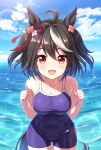  1girl :d ahoge animal_ears bangs bare_arms bare_shoulders black_hair blue_sky blue_swimsuit blurry blurry_background blush breasts cleavage clenched_hands cloud cloudy_sky commentary_request covered_navel cowboy_shot day depth_of_field eyebrows_visible_through_hair hair_between_eyes hair_ornament hands_up highres horizon horse_ears horse_girl horse_tail kitasan_black leaning_forward looking_at_viewer medium_breasts multicolored_hair ocean one-piece_swimsuit open_mouth outdoors red_eyes sky smile solo standing streaked_hair swimsuit tail tomo_(tmtm_mf_mf) two_side_up umamusume water white_hair 