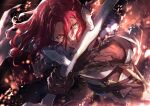  1boy black_gloves bow_(weapon) cape failnaught_(fate) fate/grand_order fate_(series) fire gloves holding holding_bow_(weapon) holding_weapon long_hair male_focus red_hair sabamori tristan_(fate) weapon yellow_eyes 