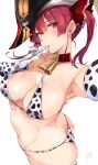  1girl animal_print ass bangs bare_shoulders bell bicorne bikini black_headwear blush breasts cleavage collar collarbone cow_print cowbell elbow_gloves gloves hair_ribbon hat heterochromia highres hololive houshou_marine large_breasts long_hair looking_at_viewer navel pirate red_eyes red_hair red_ribbon ribbon solo swimsuit thighhighs tomocha_(tmc_tmc8) twintails virtual_youtuber white_bikini white_gloves white_legwear yellow_eyes 