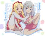  2girls background_text bangs barefoot blonde_hair blue_eyes blunt_bangs blush bow brown_eyes commentary_request conejologia dress drill_hair eromanga_sensei eyebrows_visible_through_hair frilled_dress frills full_body grey_hair hair_bow hairband highres holding_own_foot izumi_sagiri leg_up long_hair long_sleeves looking_at_another looking_to_the_side low-tied_long_hair multiple_girls open_mouth pajamas patterned_background pink_bow pink_dress pink_pajamas pointy_ears red_bow sitting smile thighhighs translation_request twin_drills upper_teeth white_legwear yamada_elf 