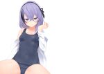  aliasing aqua_eyes blush cropped headband kinugawa_chinatsu original otokuyou purple_hair ribbons school_swimsuit shirt short_hair swimsuit wet white 