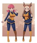  2girls ace_trainer_(pokemon) ace_trainer_(pokemon)_(cosplay) boots breasts brown_eyes cosplay covered_nipples eyebrows_behind_hair gym_leader hair_bobbles hair_ornament hairclip highres jasmine_(pokemon) knee_boots lamb-oic029 light_brown_eyes light_brown_hair long_hair long_sleeves medium_breasts multiple_girls outside_border pink_eyes pink_hair poke_ball pokemon pokemon_(game) pokemon_bw pokemon_hgss shiny shiny_clothes shiny_hair shoes smile thighhighs twintails v-shaped_eyebrows whitney_(pokemon) wing_collar yellow_footwear 