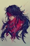  1boy beige_background black_hair buckle cloak crimson-chains final_fantasy final_fantasy_vii frown headband highres long_hair looking_at_viewer messy_hair red_cloak red_eyes red_headband turban vincent_valentine 