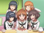  5girls ahoge akiyama_yukari bangs birthday_cake black_hair black_neckwear blouse blunt_bangs blush boko_(girls_und_panzer) brown_eyes brown_hair cake character_name closed_eyes closed_mouth commentary_request cup double_v english_text eyebrows_visible_through_hair food fork girls_und_panzer grin hairband happy_birthday head_tilt highres indoors isuzu_hana lettuce-labo light_frown long_hair long_sleeves looking_at_viewer messy_hair miniskirt multiple_girls neckerchief nishizumi_miho one_eye_closed ooarai_school_uniform open_mouth orange_eyes orange_hair pleated_skirt pose reizei_mako sailor_collar saucer school_uniform serafuku short_hair sitting skirt smile standing table takebe_saori teacup teapot thighhighs v white_blouse white_hairband white_sailor_collar 