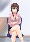 1girl bangs bare_legs black_skirt bluff260 blurry blurry_background blush breasts brown_eyes brown_hair chair cleavage closed_mouth collared_shirt commentary crossed_arms girls_und_panzer highres indoors lanyard light_frown long_hair looking_at_viewer medium_breasts miniskirt nishizumi_maho office_chair office_lady pencil_skirt pink_shirt shirt short_hair sitting skirt solo twitter_username 