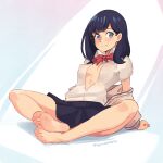  1girl artist_name barefoot black_hair black_skirt blue_eyes bow bowtie breasts cardigan closed_mouth collared_shirt covered_nipples full_body gridman_universe highres looking_at_viewer medium_breasts miniskirt navel partially_unbuttoned red_neckwear shirt short_hair sitting skirt smile soles solo squeezable_(artist) ssss.gridman takarada_rikka toes white_shirt 