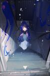  1girl bubble capelet dress expressionless fish from_above full_body hallway hood hood_up hooded_capelet kaf_(kamitsubaki_studio) kamitsubaki_studio long_hair looking_at_viewer multicolored multicolored_eyes namakawa pink_hair solo stairs twintails virtual_youtuber yellow_pupils 