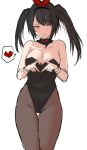  1girl absurdres agetama bangs bare_shoulders black_hair black_leotard breasts cleavage clock_eyes collarbone cowboy_shot date_a_live hairband heart heart_hands heterochromia highres leotard long_hair looking_at_viewer medium_breasts pantyhose playboy_bunny red_eyes simple_background sketch smile solo spoken_heart symbol-shaped_pupils tokisaki_kurumi twintails white_background wrist_cuffs yellow_eyes 
