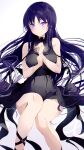  1girl assault_lily bare_shoulders black_dress blue_hair blush breasts collar dress eyebrows_visible_through_hair frilled_collar frills highres large_breasts long_hair looking_at_viewer meen_(ouaughikepdvrsf) purple_eyes shiny shiny_hair shiny_skin shirai_yuyu simple_background solo white_background 