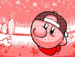  :d baseball_cap blue_eyes commentary dancing english_commentary flipnote_studio_(medium) french_commentary hat keke_(kokorokeke) kirby kirby_(series) looking_at_viewer lowres mixed-language_commentary open_mouth pink_theme smile solo 
