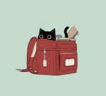  animal_focus avogado6 backpack bag black_cat blue_background cat commentary highres in_bag in_container no_humans notebook original randoseru red_bag simple_background 