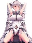  1girl absurdres armpits arms_behind_head arms_up azur_lane bangs bare_shoulders blush breasts clothing_cutout dress formidable_(azur_lane) grey_hair highres large_breasts long_hair looking_at_viewer melopun navel navel_cutout open_mouth red_eyes solo squatting thighs twintails very_long_hair white_dress 