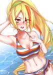  1girl 2020 arm_behind_head armpits bikini blonde_hair blush breasts cleavage commentary dated green_hair groin hair_over_one_eye hand_on_own_chest head_tilt highres long_hair looking_at_viewer medium_breasts multicolored_hair navel nikaidou_saki open_mouth orange_hair ponytail solo striped striped_swimsuit sumiosmith swimsuit teeth water wet yellow_4 yellow_eyes zombie_land_saga 
