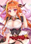  1girl bow breasts dragon_girl dragon_horns dragon_tail felielle hololive horn_bow horns kiryu_coco large_breasts long_hair multicolored multicolored_bow multicolored_eyes multicolored_hair orange_hair purple_eyes side-tie_skirt solo streaked_hair tail virtual_youtuber 