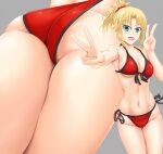  1girl ass bikini bikini_pull blush breasts clothes_pull double_v fate/grand_order fate_(series) front-tie_bikini front-tie_top hair_ornament hair_scrunchie highres long_hair looking_at_viewer medium_breasts misumi_takasumi mordred_(fate)_(all) mordred_(swimsuit_rider)_(fate) multiple_views navel open_mouth red_bikini red_scrunchie scrunchie shiny shiny_hair shiny_skin side-tie_bikini smile standing string_bikini surfing swimsuit v 