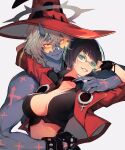  1boy 1girl black_hair blue_skin choker colored_skin guilty_gear guilty_gear_strive halo happy_chaos hat highres i-no jacket looking_at_viewer oro_(sumakaita) red_headwear red_jacket short_hair smirk sunglasses tinted_eyewear venus_symbol very_short_hair witch_hat 